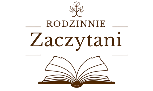 Logo w kolorze brązowym przedstawiające stylizowany symbol rośliny lub kwiatu u góry. Poniżej znajduje się napis „RODZINNIE”, a pod nim większymi literami słowo „Zaczytani” ujęte między dwiema poziomymi liniami. Na dole widnieje grafika otwartej, rozłożonej książki.